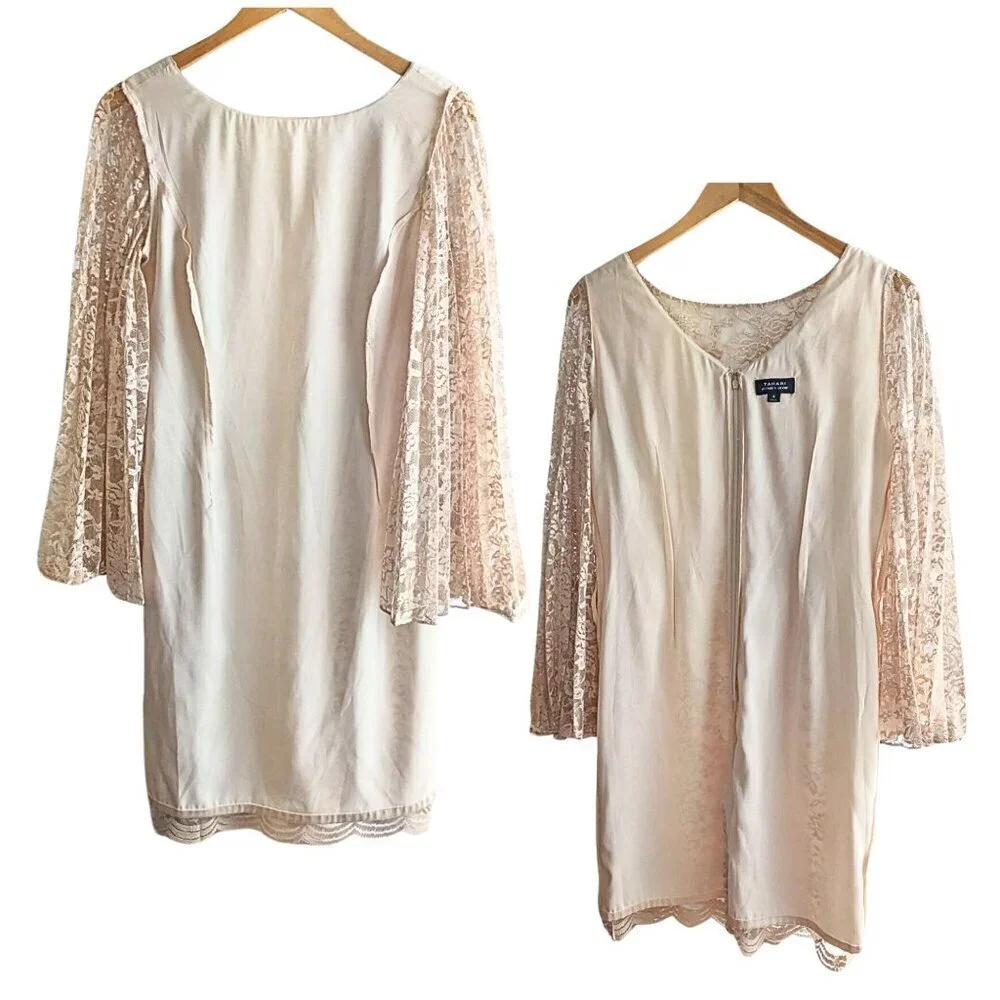 Angelic TAHARI ARTHUR S LEVIN Champagne Satin Georgette Angel Sleeve Lace Overla - Picture 8 of 10